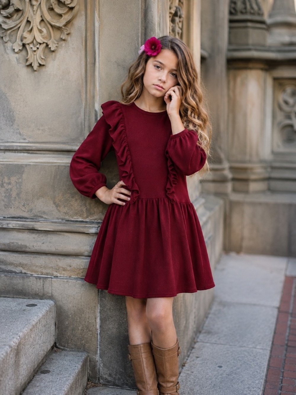 Zara girls burgundy knit dress with flounces